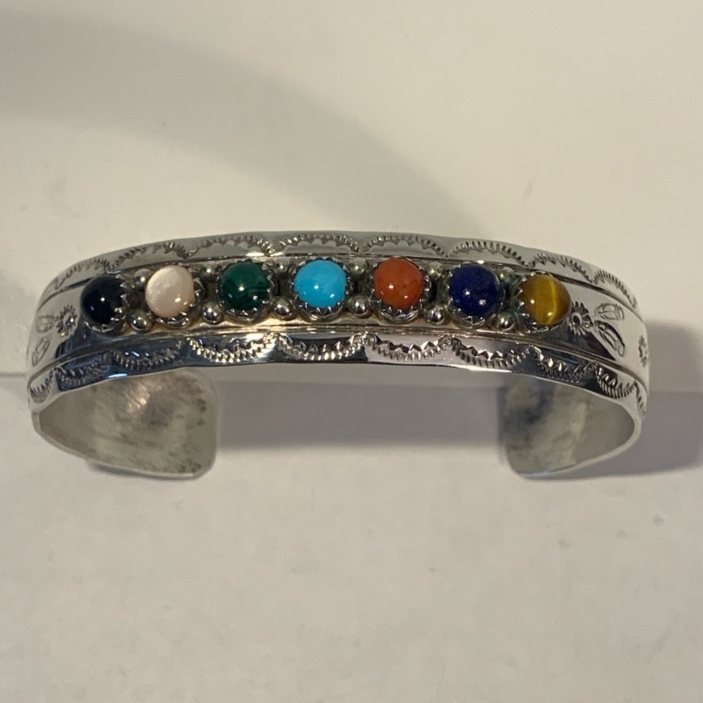 Vintage Sterling Silver Bracelet with 7 Gem Stones Signed  Yazzie Sterling.